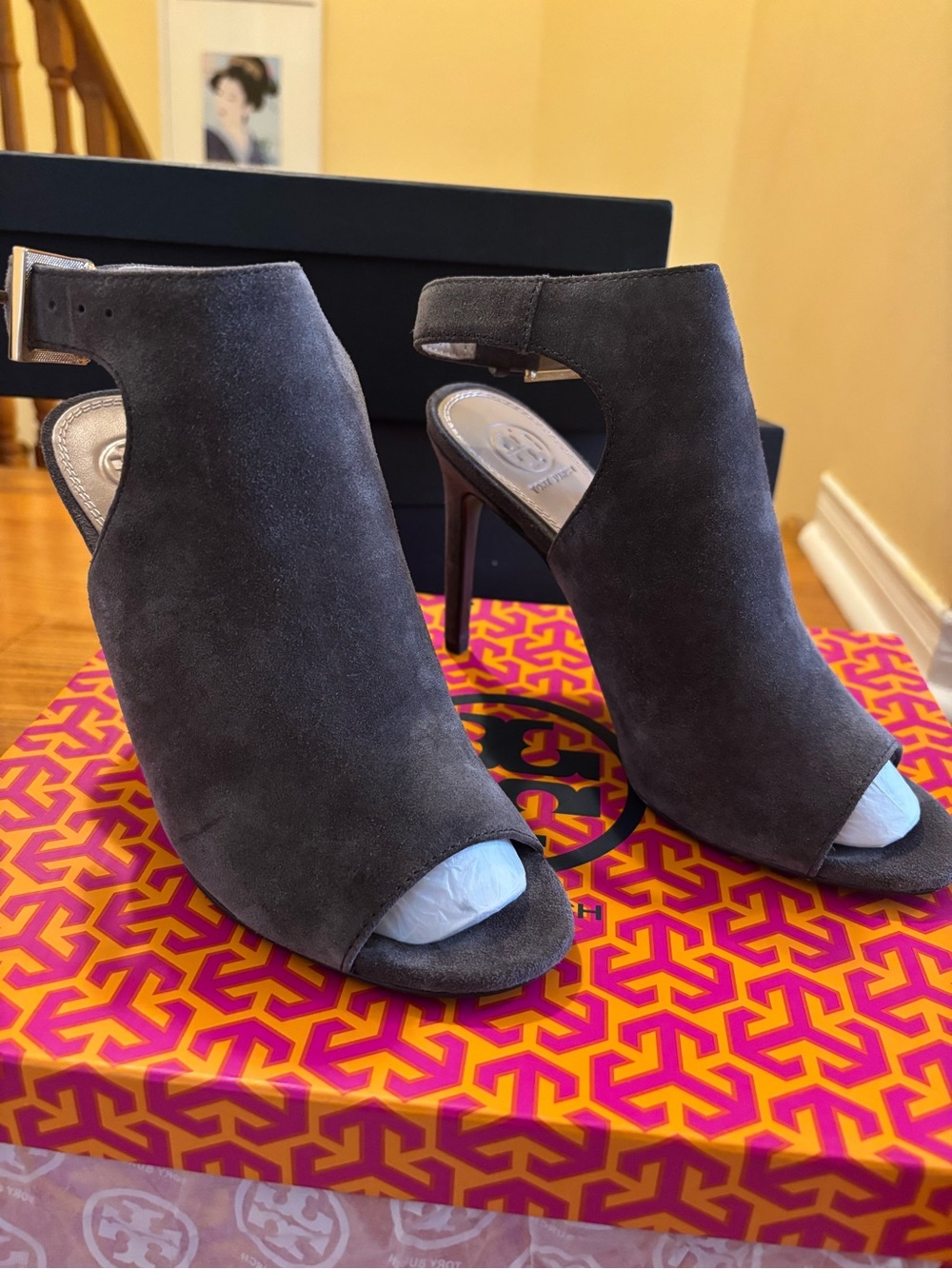 Suede Open-Toe Ankle Booties in Charcoal Gray - Women's Heels